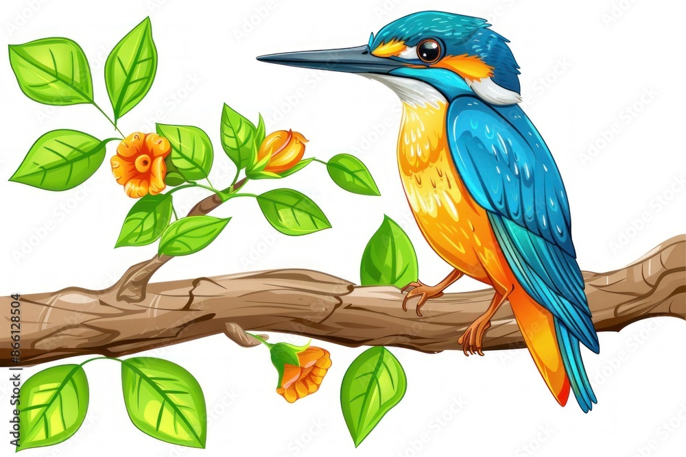 Fototapeta premium Vibrant Cartoon Kingfisher Perched on a Branch, Illustrated in Rich Colors - Generative ai