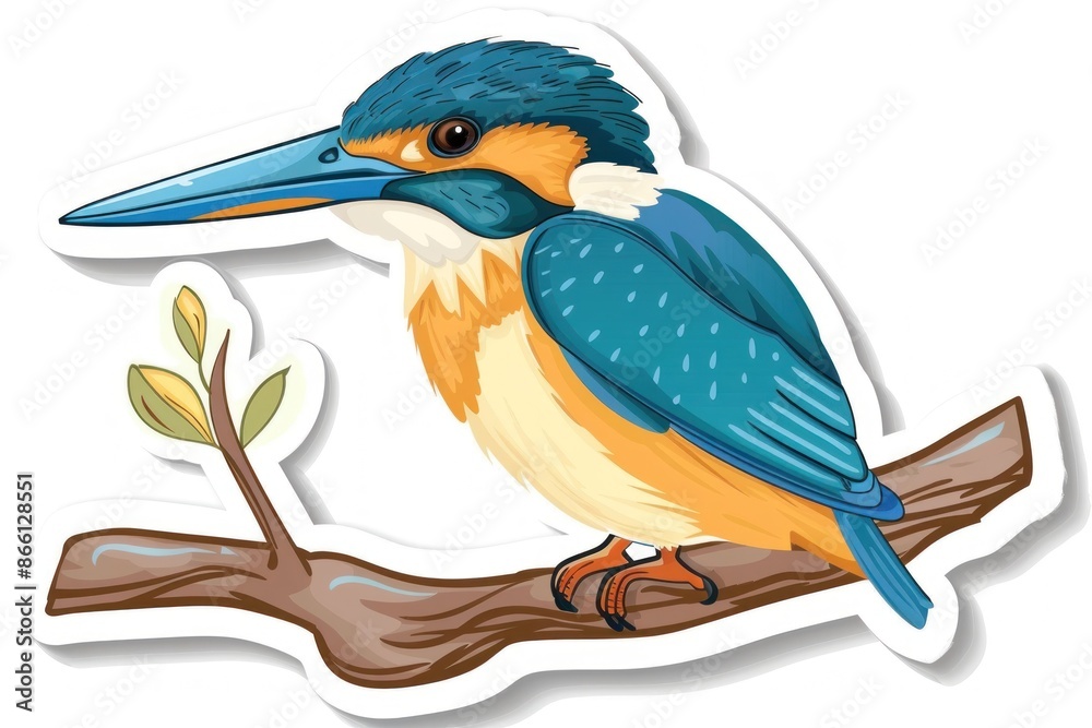 Fototapeta premium Vibrant Cartoon Kingfisher Perched on a Branch, Illustrated in Rich Colors - Generative ai