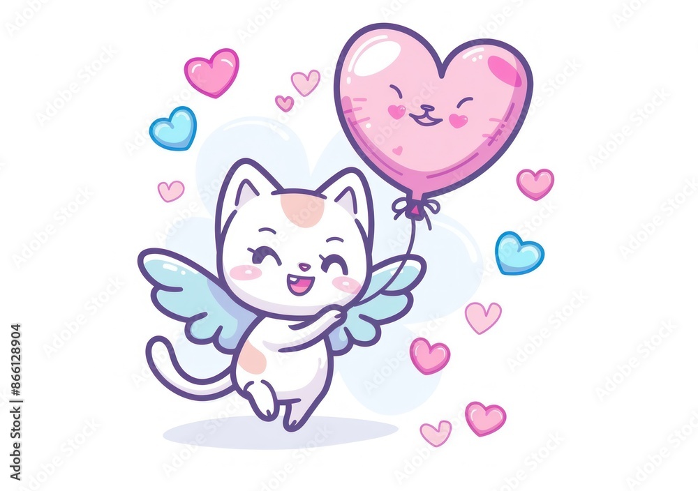 Adorable Cartoon Cat Cupid with Angel Wings and Heart Balloon Surrounded by Love - Generative ai Adorable Cartoon Cat Cupid with Angel Wings and Heart Balloon Surrounded by Love - Generative ai