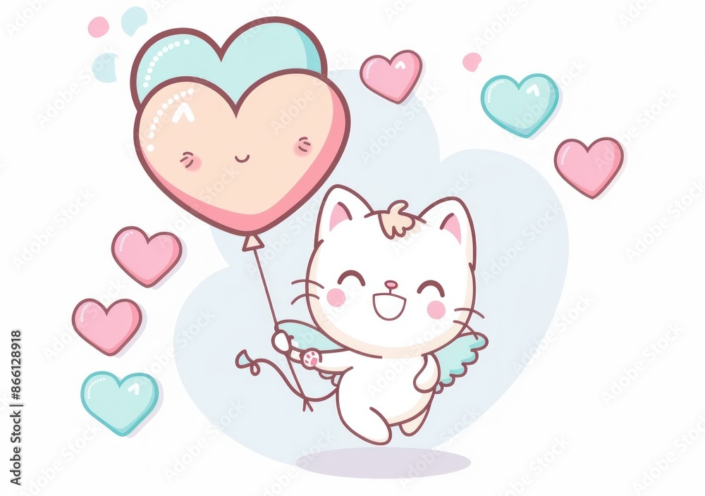 Adorable Cartoon Cat Cupid with Angel Wings and Heart Balloon Surrounded by Love - Generative ai Adorable Cartoon Cat Cupid with Angel Wings and Heart Balloon Surrounded by Love - Generative ai