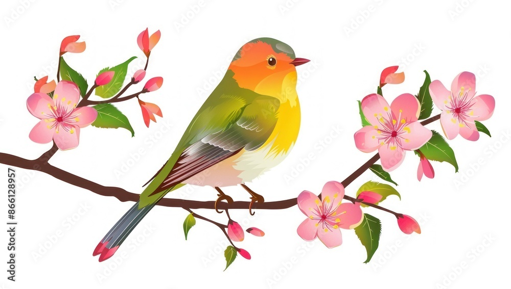 Cheerful Yellow Bird Perched on Blossoming Pink Branch, Embodying Spring's Beauty - Generative ai Cheerful Yellow Bird Perched on Blossoming Pink Branch, Embodying Spring's Beauty - Generative ai