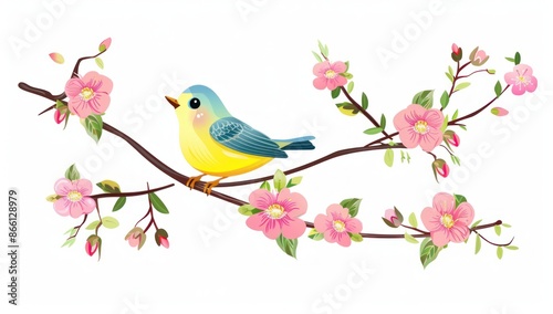 Cheerful Yellow Bird Perched on Blossoming Pink Branch, Embodying Spring's Beauty - Generative ai © Gelpi