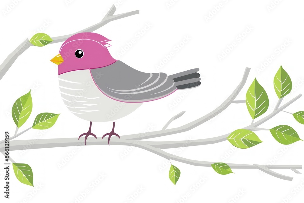 Fototapeta premium Vibrant Cartoon Bird Perched on Blossomed Branch - A Cheerful Encounter in Nature - Generative ai