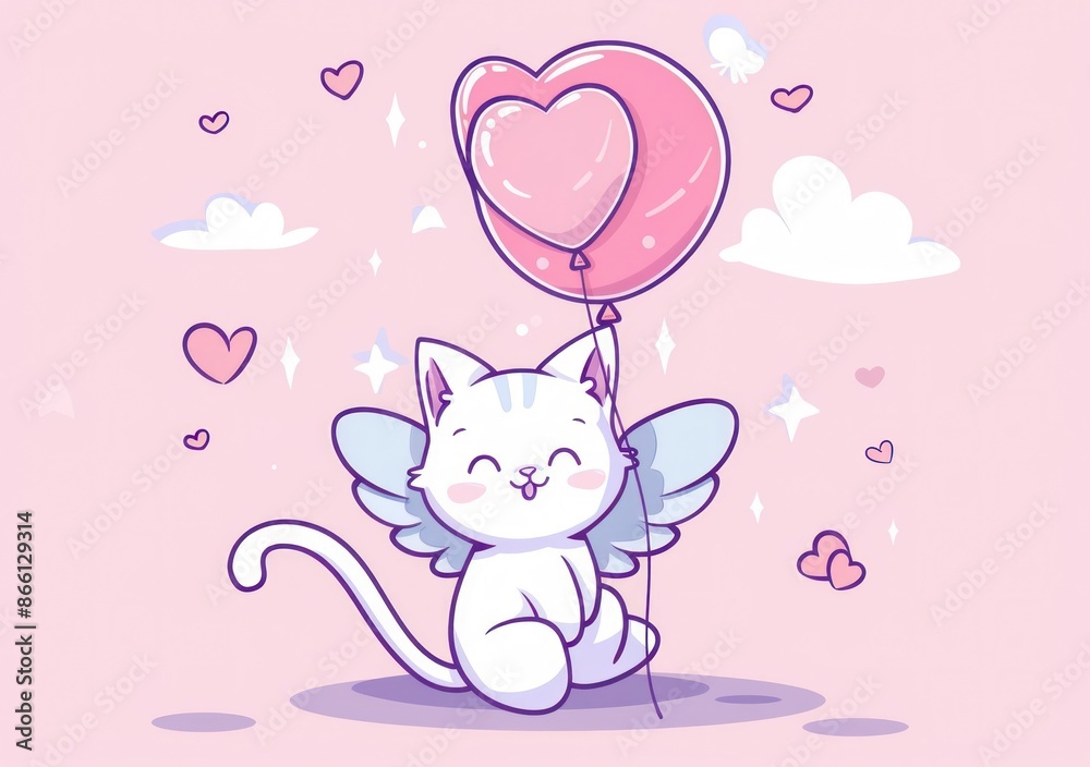 Whimsical Cat Cupid with Heart Balloon in Dreamy Pastel Tones - Perfect for Valentine's Day - Generative ai