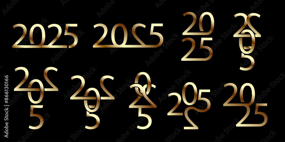 Compositions from golden numbers 2025 on black,vector set Compositions from golden numbers 2025 on black,vector set
