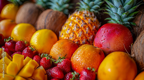 Fresh organic tropical fruits displayed on a local market stall