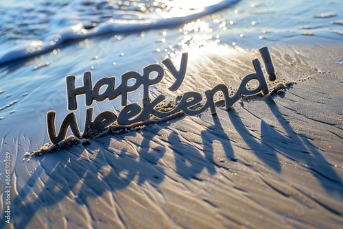 Happy weekend written on sand at the beach with ocean waves behind. Concept image for relaxation and free time. Perfect for inspirational posts or motivational quotes. Generative AI
