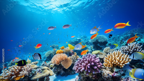 Wallpaper Mural Vibrant Coral Reef with Tropical Fish, Underwater Scene, Marine Life with Copy Space Torontodigital.ca