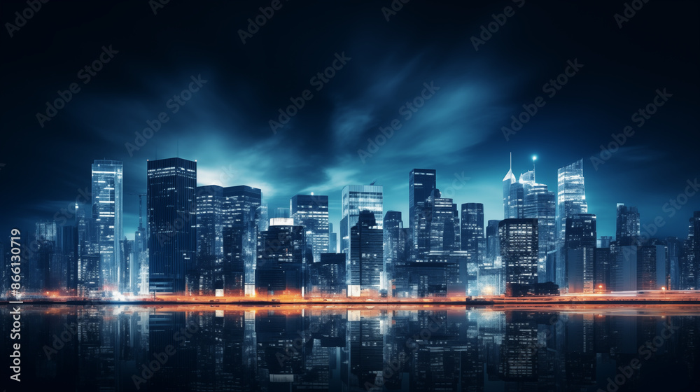 Futuristic Cityscape at Night, Neon Lights, Cyberpunk Style with Copy Space