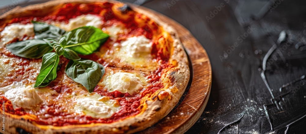 Close-up image of a delicious margherita pizza on a wooden plate with copy space image. Close-up image of a delicious margherita pizza on a wooden plate with copy space image.