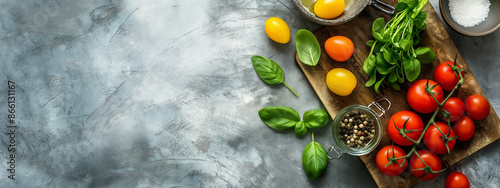 Banner with Fresh tomatoes, basil, and yellow cherry tomatoes on a rustic wooden cutting board