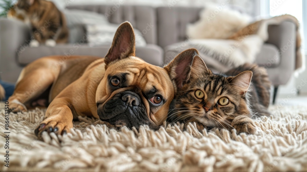 A French Bulldog and a Persian cat comfortably lounging together on a plush rug, both gazing at the camera, exuding a sense of enjoyment and companionship in a bright studio environment A French Bulldog and a Persian cat comfortably lounging together on a plush rug, both gazing at the camera, exuding a sense of enjoyment and companionship in a bright studio environment