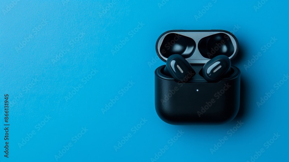 Wireless headphones with charging case, pictured with empty space on the right to allow for additional text or imagery. Wireless headphones with charging case, pictured with empty space on the right to allow for additional text or imagery.