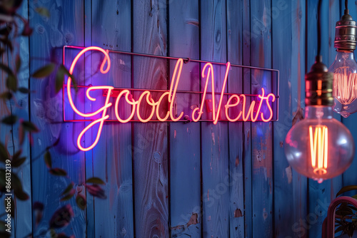 Good news neon yellow pink sign glowing on light blue wall background - marketing business announcement