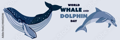 World Whale and Dolphin Day, July 23rd. A poster for the holiday. Whale and dolphin illustration. Marine animals swim in the ocean, the concept of environmental protection. Ocean Day. Isolated animals