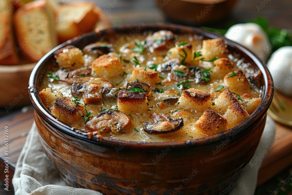 A bowl of mushroom julienne, a creamy mushroom and cheese casserole, served in a small ceramic pot. A bowl of mushroom julienne, a creamy mushroom and cheese casserole, served in a small ceramic pot.