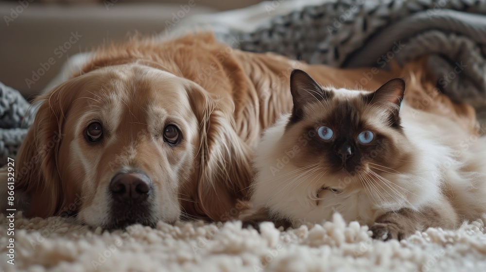 A Golden Retriever and a Ragdoll cat lounging together on a soft carpet, both looking at the camera with relaxed and friendly expressions, in a cozy studio with ample copy space A Golden Retriever and a Ragdoll cat lounging together on a soft carpet, both looking at the camera with relaxed and friendly expressions, in a cozy studio with ample copy space