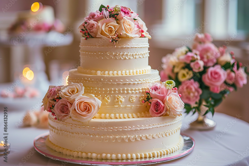 Delicious four tiered wedding cake decorated with pink and white roses Delicious four tiered wedding cake decorated with pink and white roses