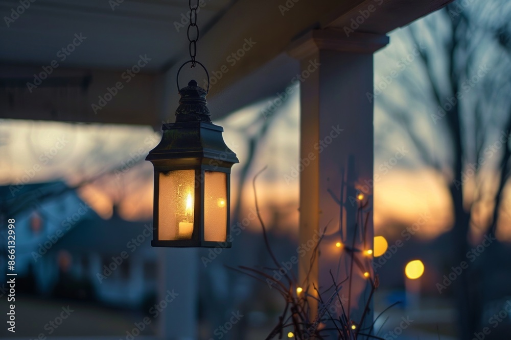A lantern hanging from a porch beam, with a softly blurred background of a warm, inviting porch and evening sky. A lantern hanging from a porch beam, with a softly blurred background of a warm, inviting porch and evening sky.