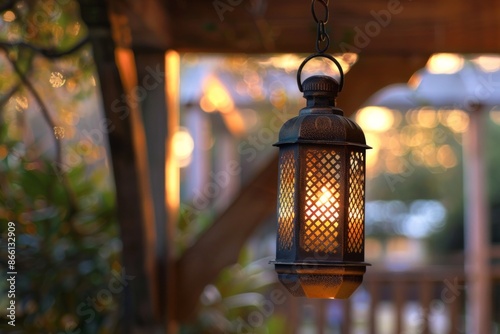 A lantern hanging from a porch beam, with a softly blurred background of a warm, inviting porch and evening sky.