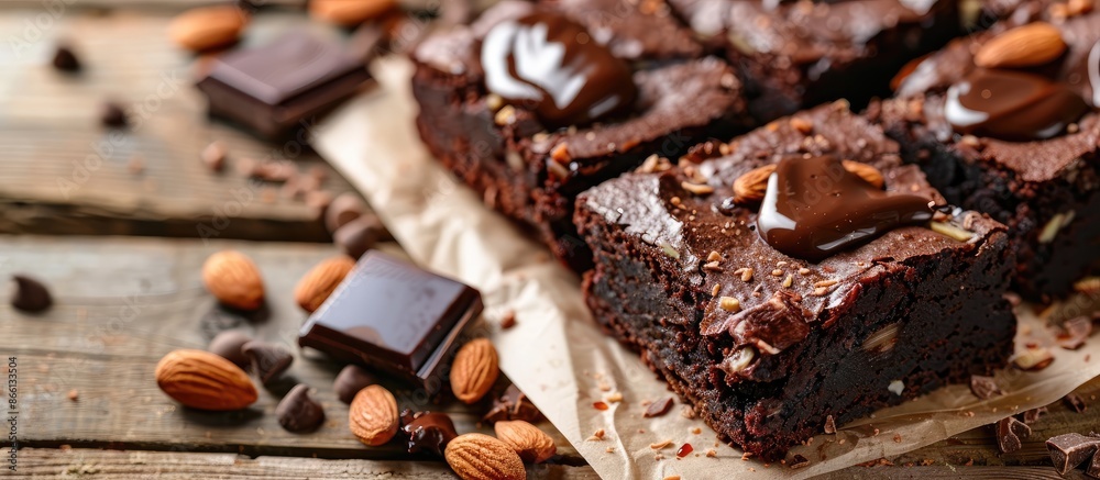 Close-up image featuring homemade dark chocolate brownies adorned with almond slices and chocolate sauce on a wooden table, with a focus on the subject and extra space for text or design elements Close-up image featuring homemade dark chocolate brownies adorned with almond slices and chocolate sauce on a wooden table, with a focus on the subject and extra space for text or design elements
