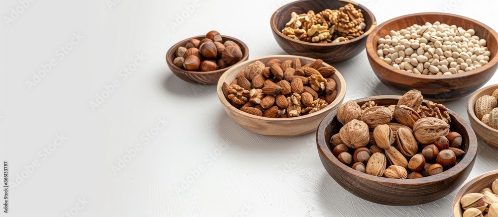 Assortment of nuts on wood dishes against white backdrop with room for copy space image. Assortment of nuts on wood dishes against white backdrop with room for copy space image.