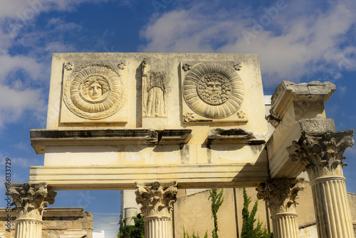 Ornate Columns and Reliefs at Merida Roman Forum, Spain photo