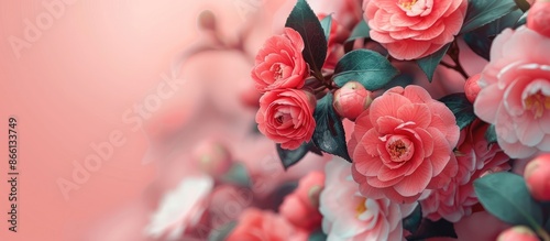 Camellia flowers in full bloom with a stunning appearance in the copy space image. photo