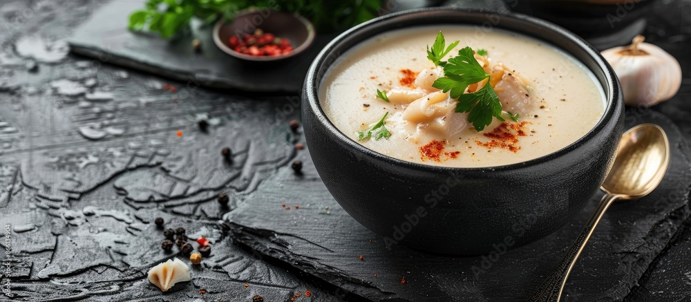 Creamy soup with eel served on a slate background with space for text or images. copy space available Creamy soup with eel served on a slate background with space for text or images. copy space available