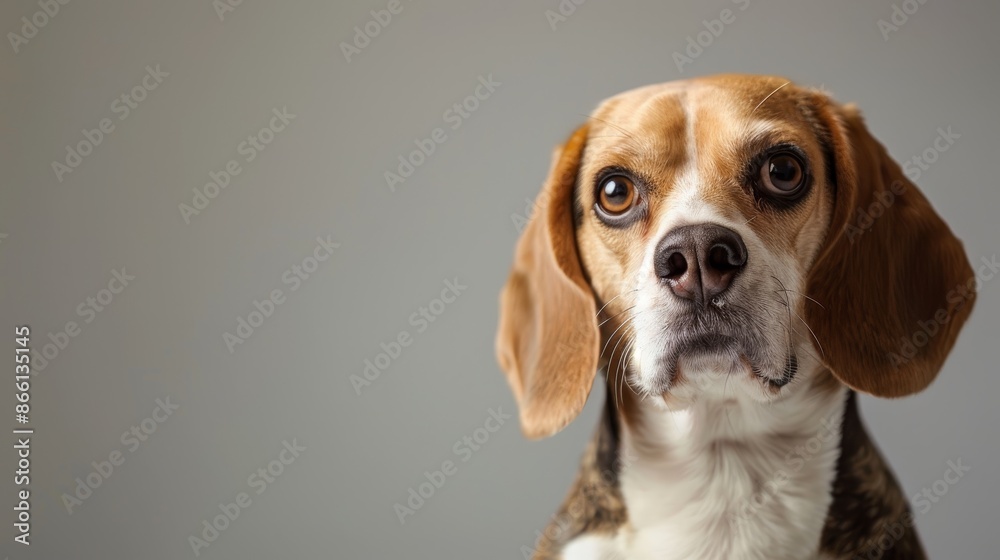 A playful Beagle sitting in a modern studio, looking at the camera with an energetic and friendly face, with a neutral background and ample copy space A playful Beagle sitting in a modern studio, looking at the camera with an energetic and friendly face, with a neutral background and ample copy space