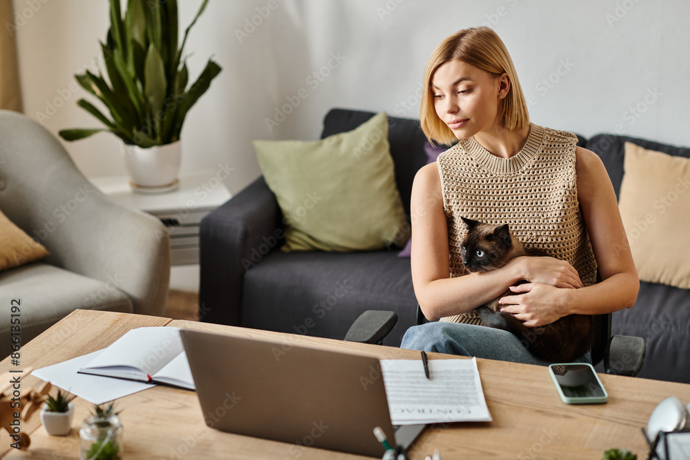 A stylish woman with short hair sitting on a couch, lovingly holding her cat close in a cozy home setting. A stylish woman with short hair sitting on a couch, lovingly holding her cat close in a cozy home setting.