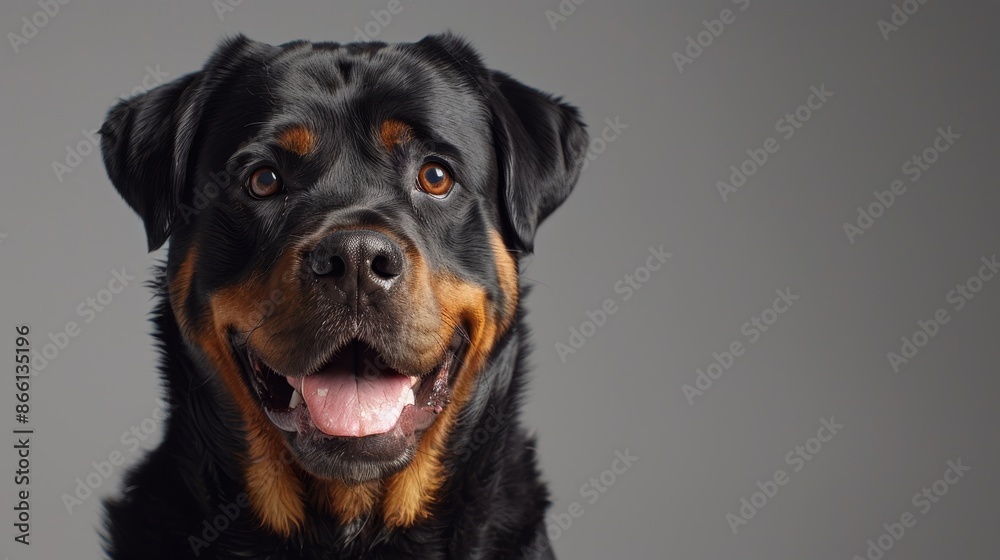 A strong Rottweiler standing in a spacious studio, looking directly at the camera with a friendly and confident expression, with a clean background and plenty of copy space A strong Rottweiler standing in a spacious studio, looking directly at the camera with a friendly and confident expression, with a clean background and plenty of copy space