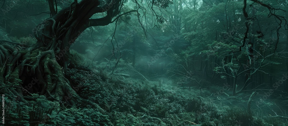 In the dim forest, roots cascade over lush bushes creating a mysterious atmosphere. copy space available In the dim forest, roots cascade over lush bushes creating a mysterious atmosphere. copy space available