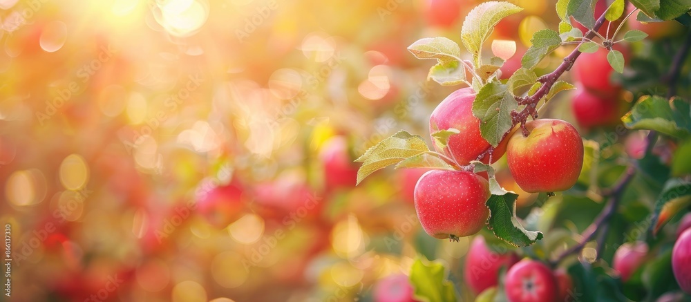 Obraz premium Soft focus image of red apple trees on a farm with fresh organic apples growing on branches; showcasing a blurred background with copy space image.
