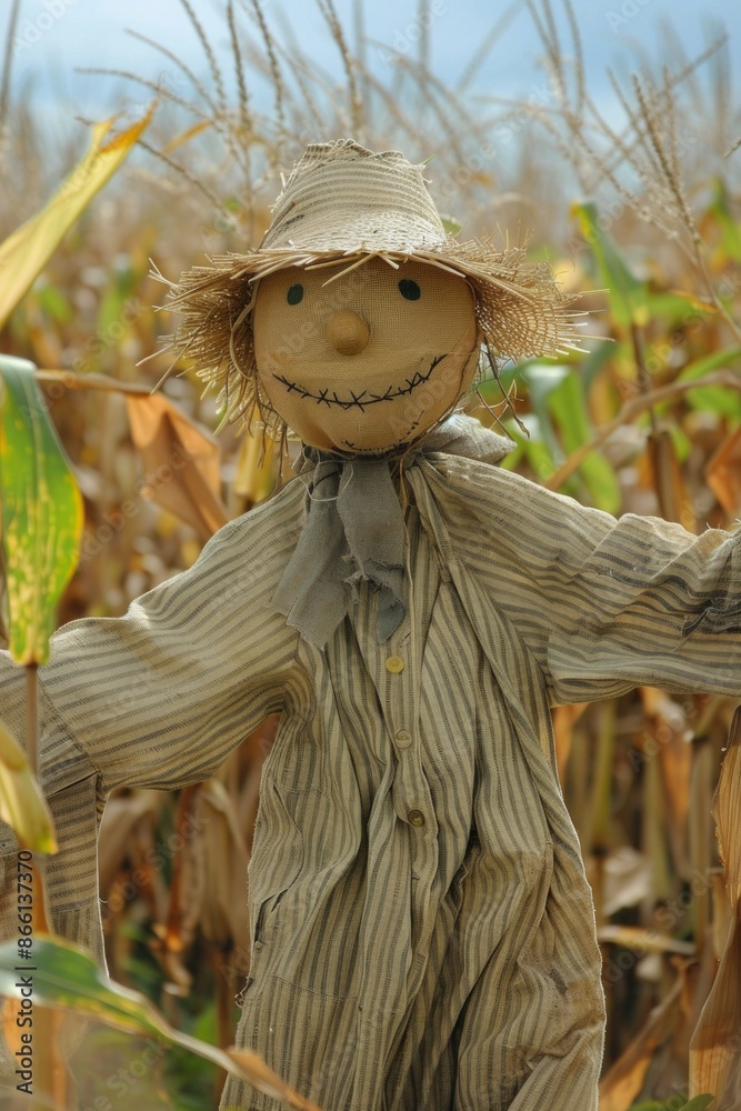 A scarecrow standing in a cornfield, with a softly blurred background of tall cornstalks and a clear sky A scarecrow standing in a cornfield, with a softly blurred background of tall cornstalks and a clear sky