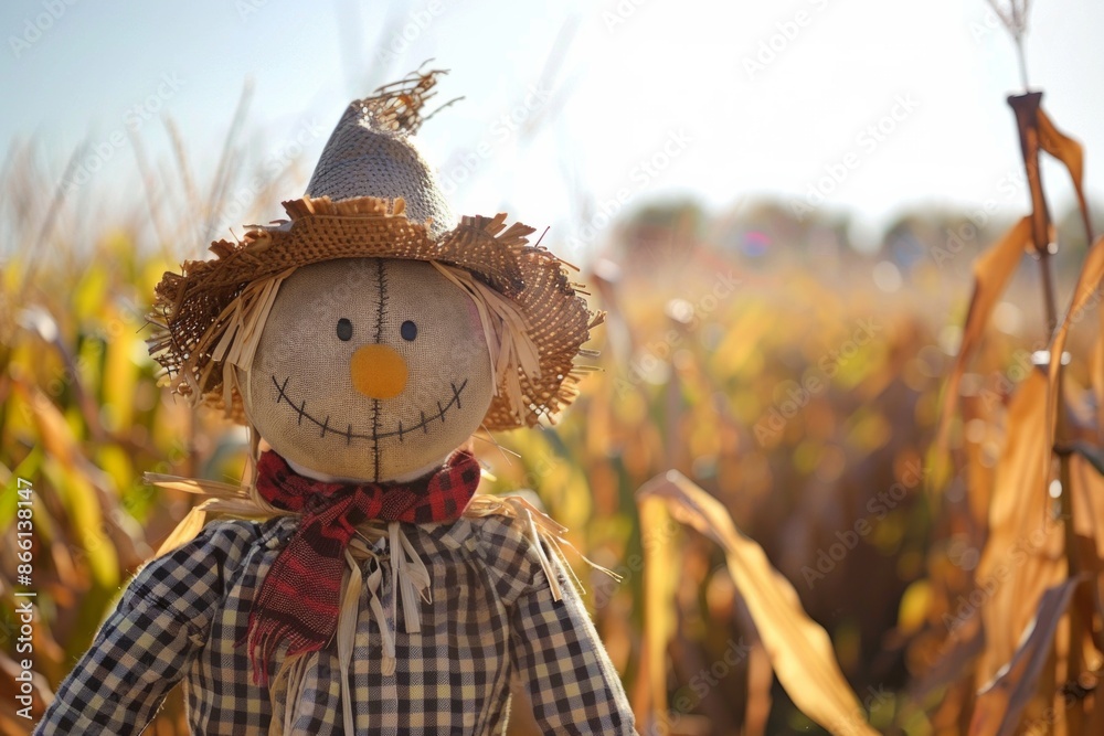 A scarecrow standing in a cornfield, with a softly blurred background of tall cornstalks and a clear sky A scarecrow standing in a cornfield, with a softly blurred background of tall cornstalks and a clear sky