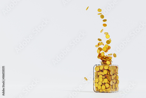 Gold coin falling in glass jar, until full, savings growth money concept, bank deposit, 3D rendering.