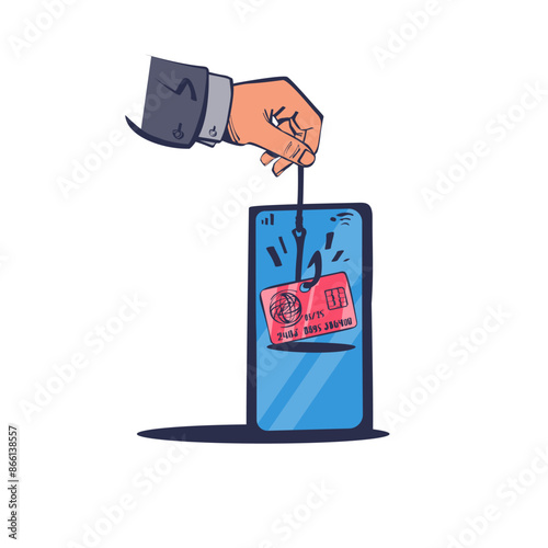 Theft of data from smartphone. Credit card on a hook. Theft of bank data. Credit card fraud. Phishing concept. Fishing hook. Vector illustration sketch design. Isolated on background. Phone in hand.
