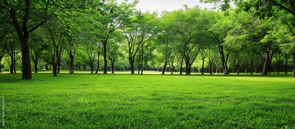 Fototapeta premium Empty template with a lush green park featuring trees, ideal for a copy space image; nature-themed wallpaper illustrating environmental awareness.