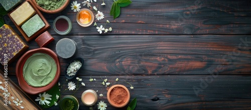 Assorted cosmetic items like clay, soaps, henna blocks, and shea butter displayed on a dark wooden table, with space for a product image. copy space available