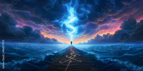 Emotional oil painting depicts person at crossroads in storm paths marked with symbols. Concept Artistic Depiction, Emotional Turmoil, Symbolism, Crossroads, Stormy Pathways photo
