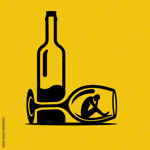 Alcohol addiction. Silhouette drunk male character sitting in a glass of wine. Problems in life. Abuse and addictions. Vector illustration flat design.