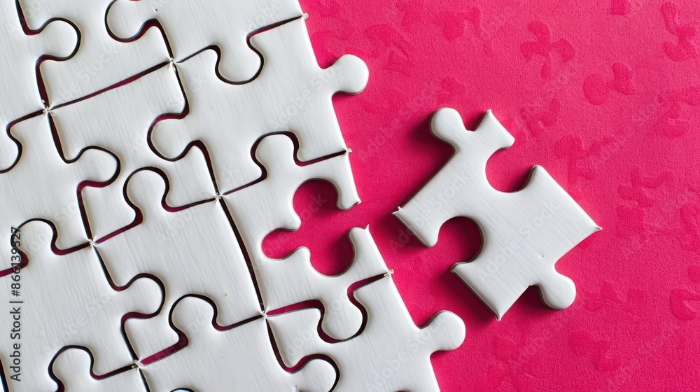 An image depicting a plain white jigsaw puzzle with one piece lifted slightly, set against a bright magenta background to highlight focus and detail. An image depicting a plain white jigsaw puzzle with one piece lifted slightly, set against a bright magenta background to highlight focus and detail.