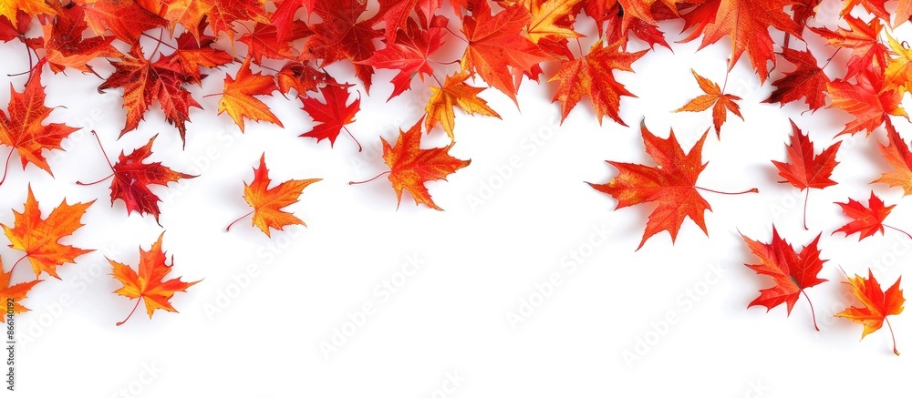 Top-down view of vibrant autumn maple leaves scattered on a blank white backdrop, creating a border design with a designated copy space image. Top-down view of vibrant autumn maple leaves scattered on a blank white backdrop, creating a border design with a designated copy space image.