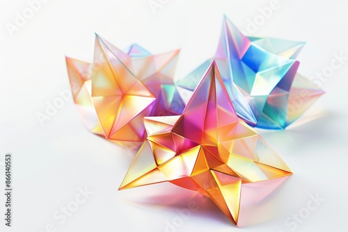 Futuristic 3D Holographic Origami Shapes with Geometric Paper-Like Forms Isolated on White Background