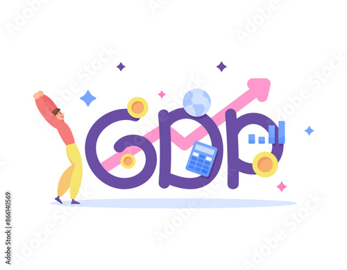illustration of a man happy because GDP is increasing and the economy is growing. concept of gross domestic product or GDP. financial and market value. concept design. graphic elements
