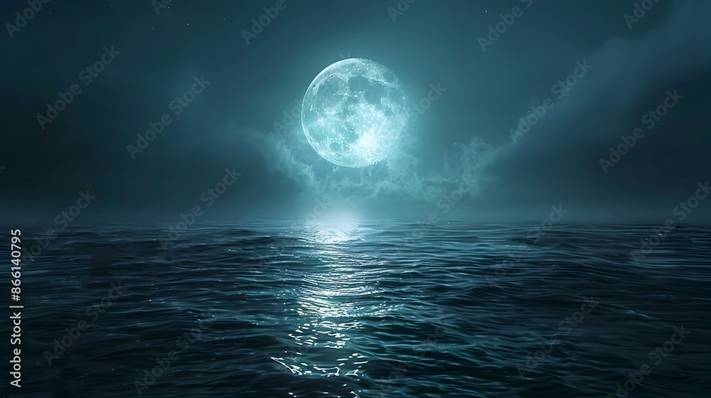 Fototapeta premium Serene Full Moon Casting Light Over a Quiet Ocean Landscape at Night