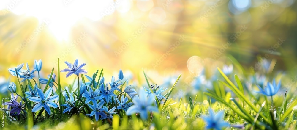 Fototapeta premium Spring wood squill flowers blooming in a sunny meadow, creating a beautiful scene with space for text or images. copy space available
