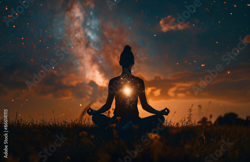 A psychedelic cosmic image symbolizing spiritual illumination and enlightenment. It depicts a silhouette of an individual meditating, with glowing light emanating from their chest