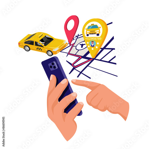 A man with a smartphone call a taxi. Mobile phone in hand. Car taxi on the screen. People delivery service. Vector illustration, isometric 3d design. An application for tracking a car.
